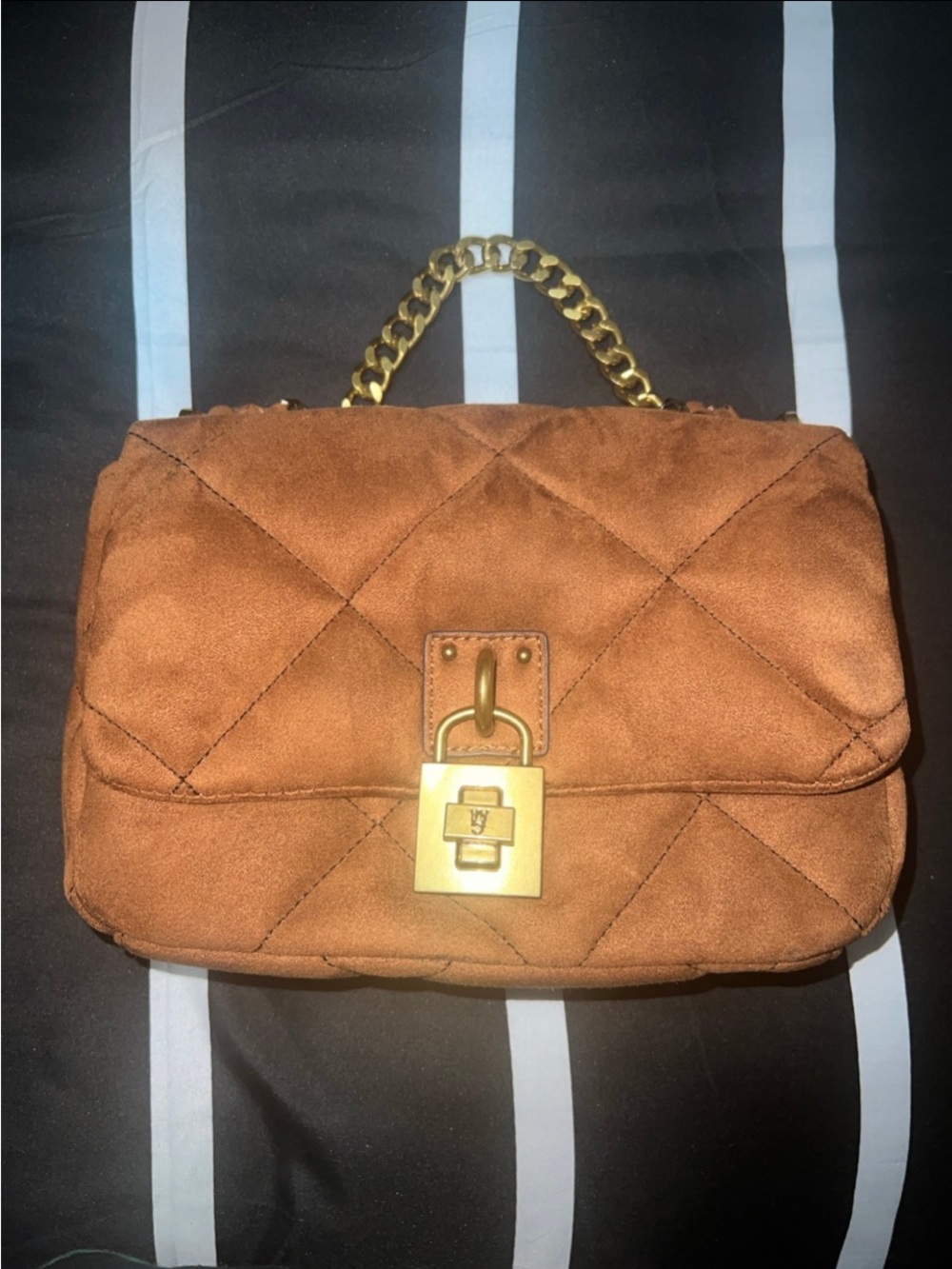 Steve Madden Quilted Suede Crossbody Bag -Cognac Brown w/ Gold/Gunmetal Hardware